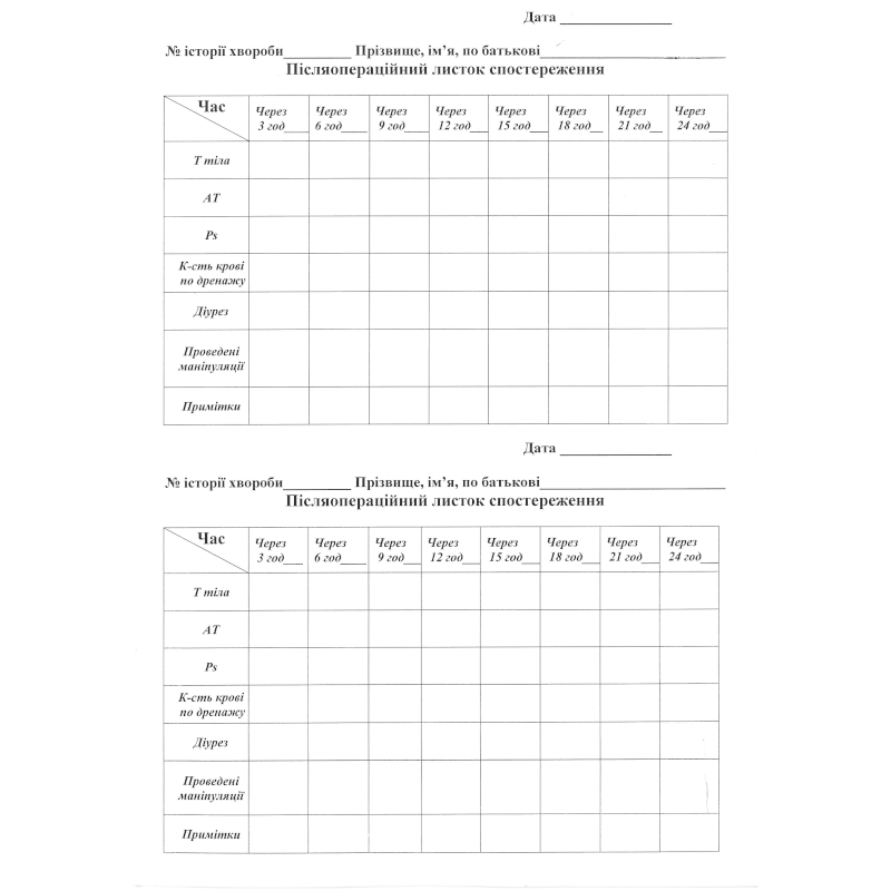 Бланк Післяопераційний листок спостереження, А4, 1+0, 1 арк.